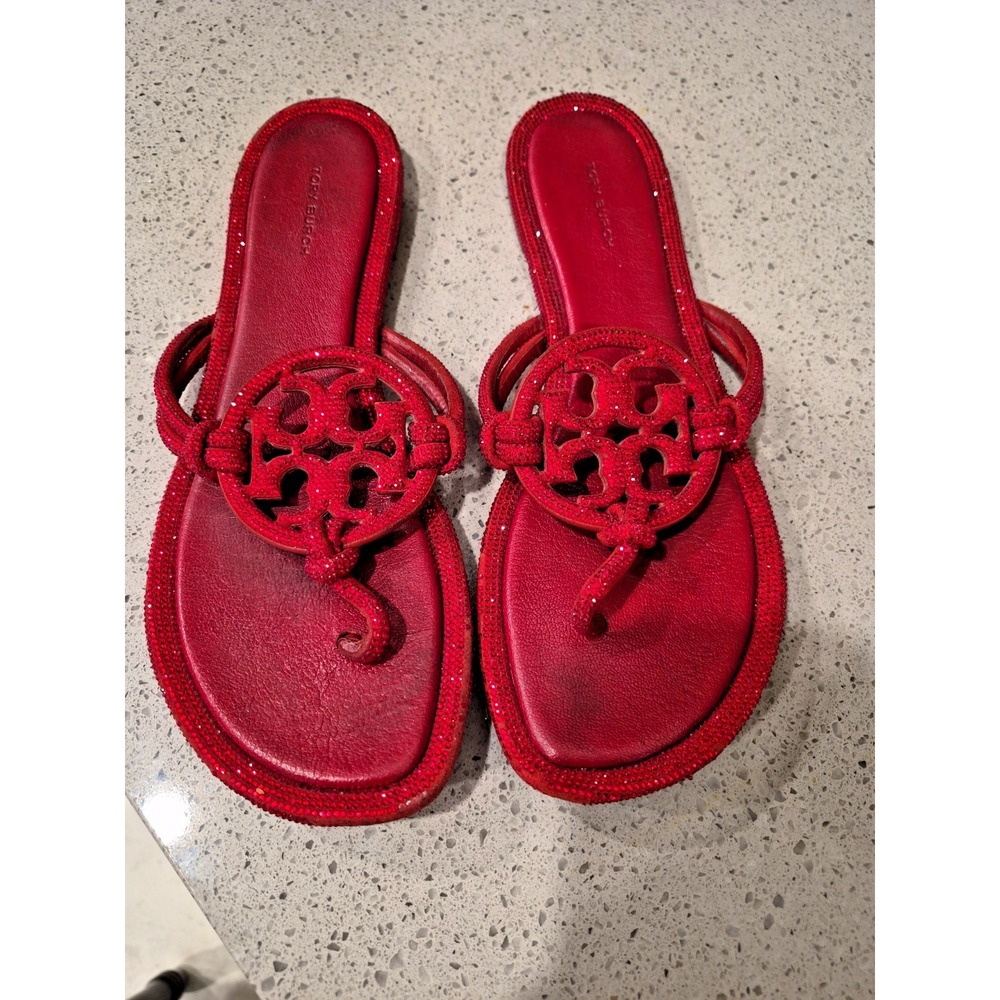Tory Burch Women's Red Patent Leather Logo Rhinestone Thong Slip-On Sandals 10.5 - Picture 6 of 7